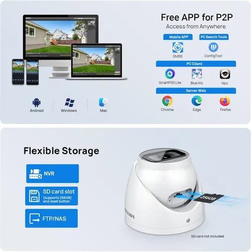 Miniatura 7 de VIKYLIN Cámara de seguridad IP 4K 8MP, DMSS/SmartPss Lite, cúpula Starlight con micrófono incorporado, ranura para tarjeta SD de 256 GB, lente