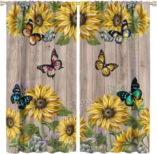 Cortinas opacas vintage de girasol para cocina, tablero de madera marrón rústico, cortinas opacas florales amarillas, cortinas de granja de otoño