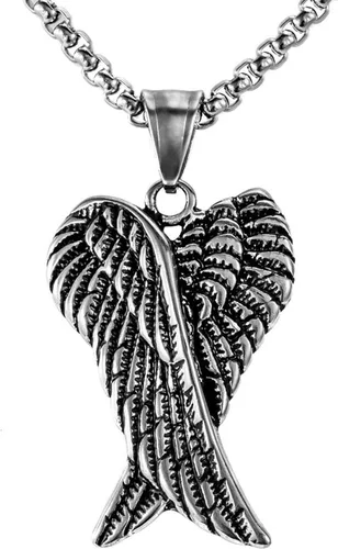 Herinos Cadena de collar con colgante de acero inoxidable para hombres y mujeres, diseño de alas retro con diseño de calavera de plumas cruzadas,