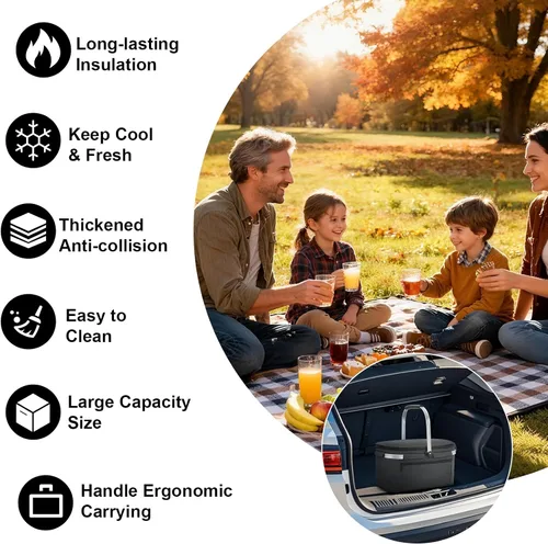 Miniatura 6 de ALLCAMP Cesta de pícnic, 2 cajas de hielo incluidas con enfriador aislado de 32 litros, cesta de picnic plegable gruesa con cestas extraíbles