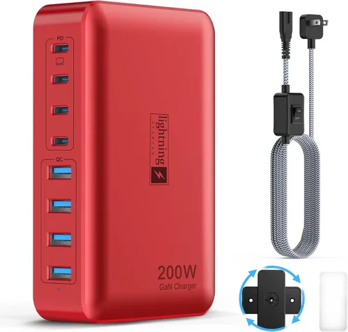Miniatura 12 de Bloque de carga rápida USB C de 200 W, estación de carga de 8 puertos para iPhone/iPad/MacBook, caja de cargador 4C4A GaN, cargadores múltiples