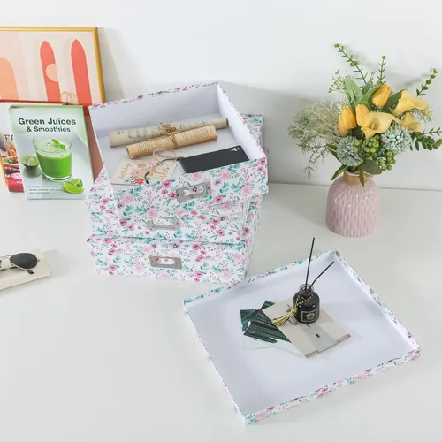 Miniatura 7 de Soul & Lane Cajas de almacenamiento decorativas florales con tapas, juego de 3 bonitas cajas de cartón anidables para fotos, documentos, álbumes