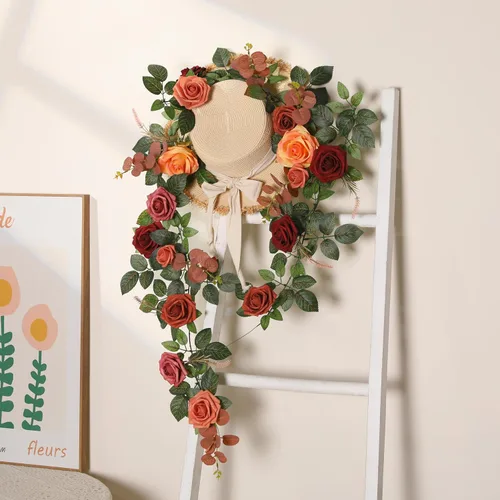 Miniatura 2 de Senseya Guirnalda de flores de rosas artificiales de 5 pies, vid floral falsa de terracota con hojas de rosa, guirnalda de flores rústicas