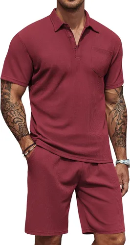 Miniatura 11 de COOFANDY Conjunto de camisa polo y pantalones cortos de punto gofre para hombre, conjunto de 2 piezas, traje de verano casual con bolsillos