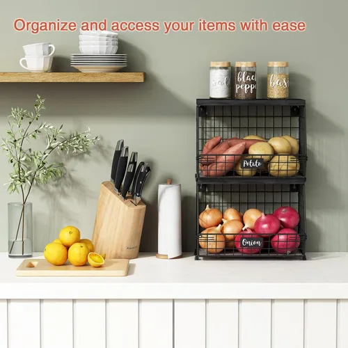 Miniatura 2 de Goozii Set de 2 cestas de almacenamiento colgantes de pared para cocina negras, organizador rústico apilable para encimera de cocina, cestas