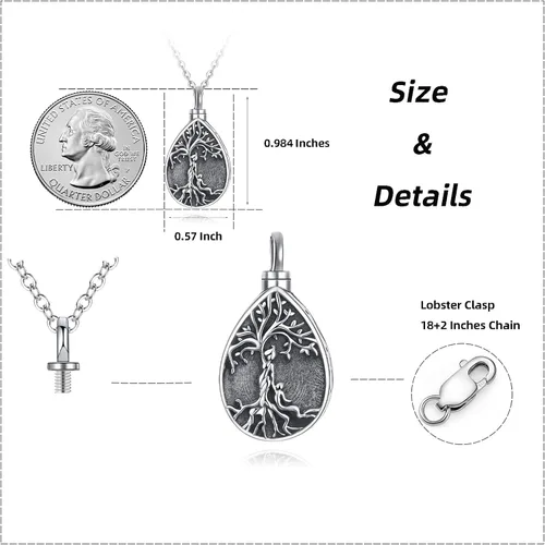 Miniatura 107 de Collar con colgante de urna de cenizas de cremación y árbol de la vida para mujer, plata de ley US1