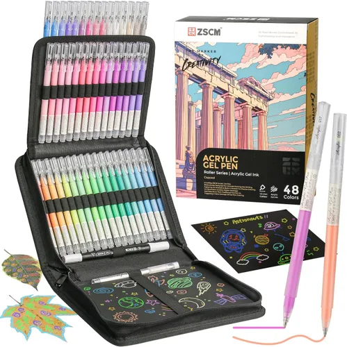 ZSCM Bolígrafos de gel acrílico 3D de 48 colores y cuaderno de bocetos de papel negro para dibujo, bolígrafo de tinta acrílica de punta fina de