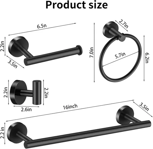 Miniatura 4 de Juego de Accesorios de Baño Negro de 10 Piezas, Juego de Barras de Toalla de Acero Inoxidable Negro Mate, Incluye 2 Barras de Toalla de 16'', 4