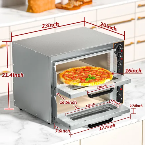 Miniatura 6 de Horno de pizza comercial Horno eléctrico de doble capa para pizza de 16 pulgadas con piedra de pizza multiusos, tostadora para hornear, capacidad