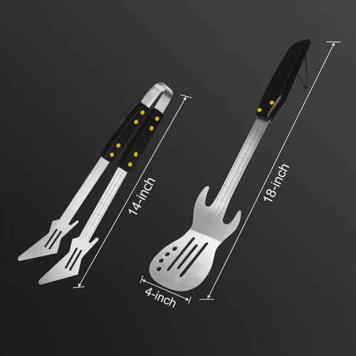 Miniatura 3 de Rock Guitar Style - Juego de herramientas de barbacoa de acero inoxidable resistente, 2 piezas, espátula y pinzas con mango de madera