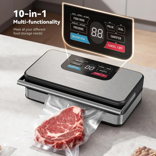 Miniatura 2 de Potente sellador al vacío de 95 kPa para alimentos, máquina selladora al vacío 10 en 1 totalmente automática con mango fácil, cortador integrado