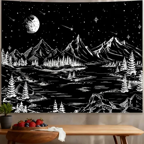 Miniatura 3 de Apdidl Tapiz en blanco y negro de noche estrellada, tapices de montaña para dormitorio, tapiz estético de luna y estrellas, tapiz de pared
