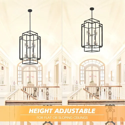 Miniatura 6 de Candelabro de techo alto para vestíbulo: 8 luces de granja para entrada, lámparas colgantes grandes industriales para entrada, escalera, pasillo