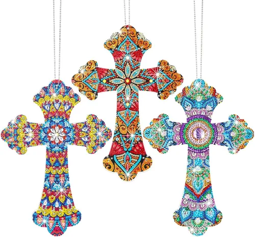Faccito Kit de 3 piezas de pintura de arte de diamantes cruzados para adultos, bricolaje 5D, cristal por número, mandala cruz, diamantes de
