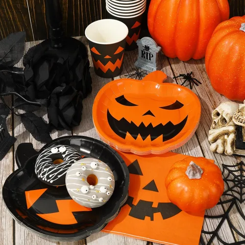 Miniatura 4 de Juego de vajilla de fiesta de Halloween, 72 piezas, platos de papel con temática de calabaza naranja y negra, vasos, servilletas, vajilla desechable