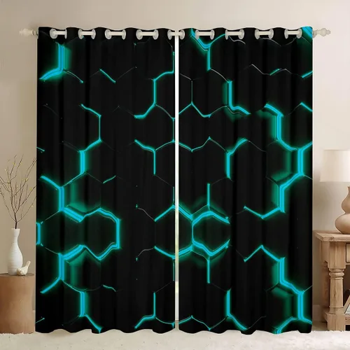 Feelyou Cortinas hexagonales con estampado verde azulado y negro, para dormitorio, sala de estar, niños, adolescentes, decoración de panal de abeja,
