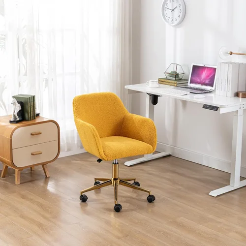 Miniatura 14 de Silla de oficina en casa, moderna silla de escritorio de tela de peluche copetuda con respaldo medio, silla giratoria ajustable para oficina