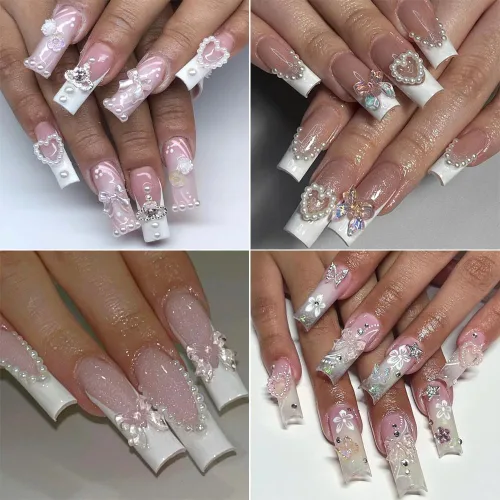 Miniatura 3 de Dijes de Uñas 3D Multiformas, Aurora Rosa Camelia Mariposa Flor Acrílica Lazo Transparente Corazón Blanco Perlas de Respaldo Plano Decoración