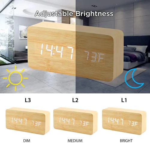 Miniatura 5 de OCT17 Reloj despertador digital de madera, reloj despertador LED multifunción de madera con fuente de alimentación USB, control de voz, Bambú