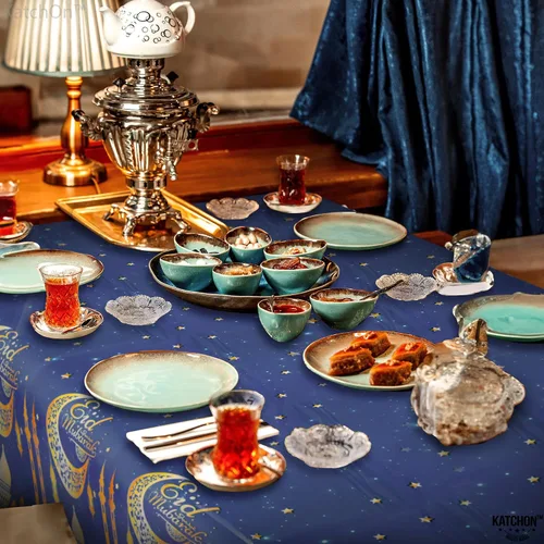Miniatura 4 de KatchOn, Blue Eid Mubarak Mantel de 108 x 54 pulgadas, paquete de 3 manteles de Eid Mubarak para decoraciones de Eid para el hogar Decoraciones