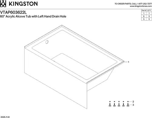 Miniatura 9 de Kingston Brass Aqua Eden VTAP603622L - Tina de alcoba de acrílico de 60 pulgadas con desagüe a la izquierda, blanca