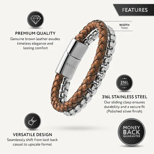 Miniatura 15 de RTZN® Brown Leather Bracelet for Men – Premium Artisan Handcrafted Mens Leather Bracelet – Multi-Stand Mens Bracelet Leather Collection Beaded
