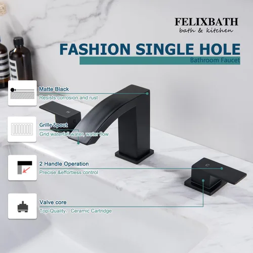 Miniatura 3 de Grifo de baño de cascada negra de 3 agujeros, grifo de baño negro mate de 8 pulgadas con drenaje desplegable y 2 líneas de suministro de agua, grifo