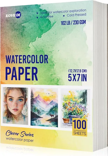 KOVIEDE 100 hojas de papel de acuarela de 5 x 7 pulgadas, 102 libras/230 GSM, papel de práctica de prensa en frío para estudiantes y principiantes,