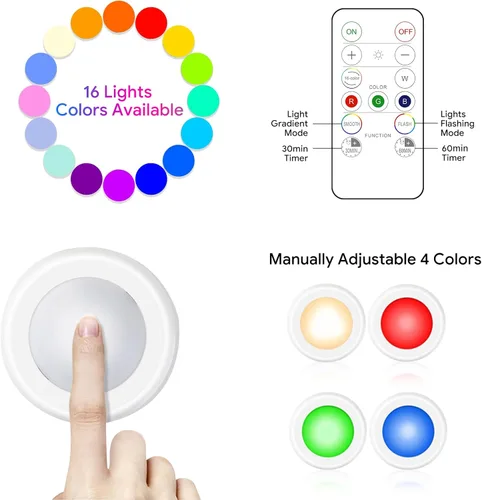 Miniatura 5 de Yiliaw - Paquete de 6 luces LED de disco con control remoto, 16 colores cambiables, luces LED para debajo del gabinete, luces alimentadas por Blanco