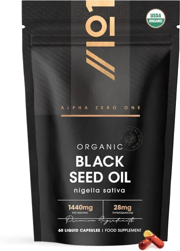 ALPHA01 Cápsulas de aceite de semilla negra orgánica 1440 mg - 4 x % timoquenina - 60 unidades - Nigella sativa etíope - 100% prensado en frío y