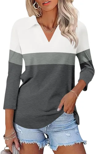 Miniatura 37 de TICTICMISS - Camisas polo de cuello en V para mujer, manga 3/4, con cuello, tops casuales de negocios, tops de verano a la moda, holgados