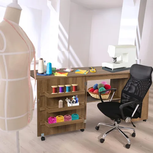 Miniatura 3 de Mesa de coser plegable de madera, carrito grande para manualidades de costura con estantes de almacenamiento ajustables y ruedas con cerradura