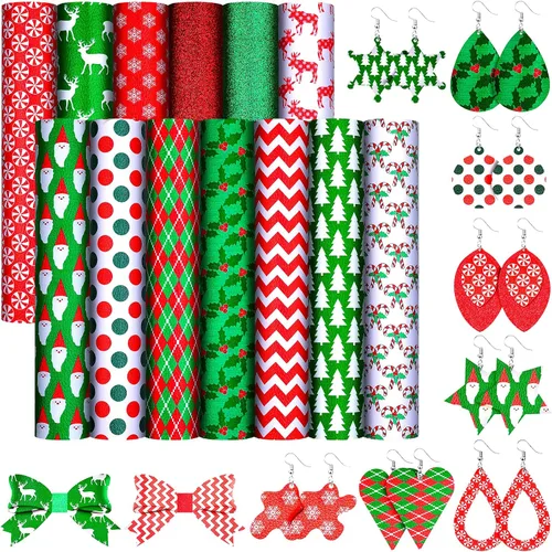 13 Pcs Christmas Faux Leather Sheets Santa Claus Glitter Synthetic Leather Fabric Deer Snowflakes Candy Christmas Tree for Holiday DIY Bows Earrings