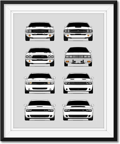 Miniatura 22 de Custom Car Posters Póster hecho a mano compatible con Dodge Challenger Generations e impresión de Challenger SRT, multicolor, impresión metálica