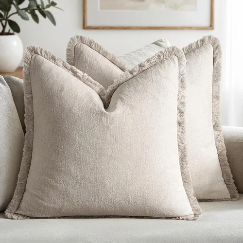 Miniatura 23 de MIULEE Juego de 2 fundas de almohada decorativas de lino neutro con flecos, fundas de cojín de estilo bohemio con borlas para sofá, cama, sala