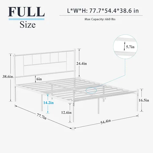 Miniatura 2 de VECELO Marco de cama de plataforma de metal completo con cabecero, soporte de listones de acero resistente, almacenamiento debajo de la cama,