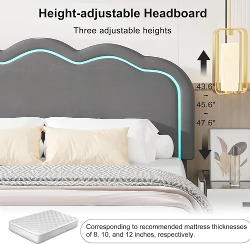 Miniatura 5 de VECELO Base de cama tapizada tamaño Queen con cabecero ajustable, luces LED, USB-A y tipo C, plataforma de terciopelo sin ruido, base de colchón