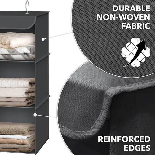 Miniatura 3 de Simple Houseware Organizador de armario colgante de 3 estantes, estantes de almacenamiento de tela con capacidad de 57 litros, gris oscuro