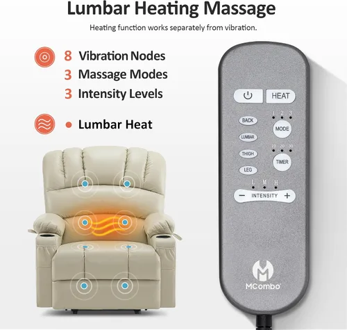 Miniatura 6 de MCombo Silla reclinable de elevación eléctrica extragrande para ancianos, silla elevadora con calor y masaje, reclinable para personas grandes