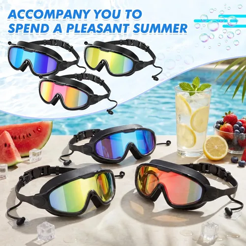 Miniatura 5 de Konohan Paquete de 3 gafas de natación para adultos, gafas anchas sin fugas, antiniebla, con clips para la nariz, tapones para los oídos