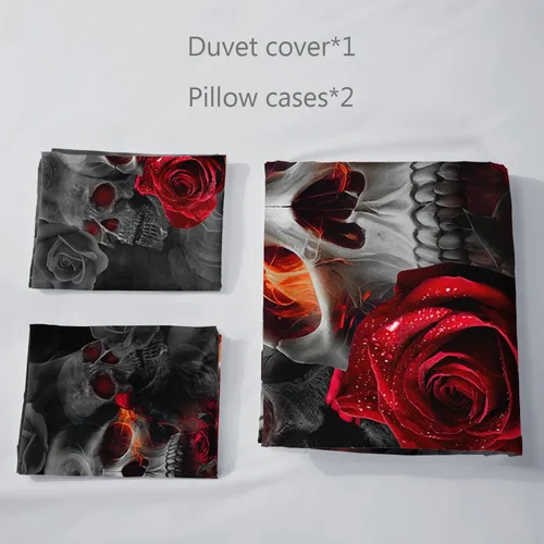 Miniatura 4 de AILONEN Juego de funda de edredón de calavera de azúcar, tamaño individual, juego de funda de edredón de calavera de rosa roja, juego de ropa