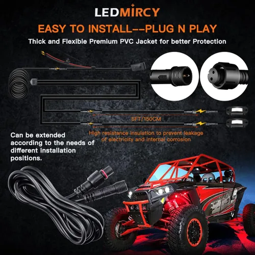 Miniatura 5 de LEDMIRCY Cable de Extensión para Luces LED de Roca Cable de Alambre de 2 Pines Impermeable 2PCS 5ft 22AWG con Conectores Macho a Hembra Tuerca
