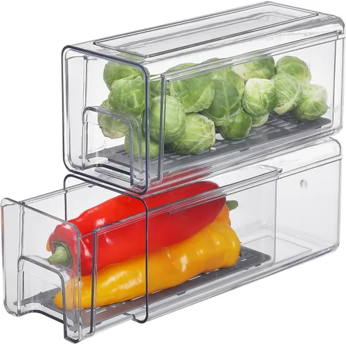 Miniatura 10 de Cajones organizadores de refrigerador transparentes extraíbles con escurridor, contenedores de almacenamiento apilables para refrigerador