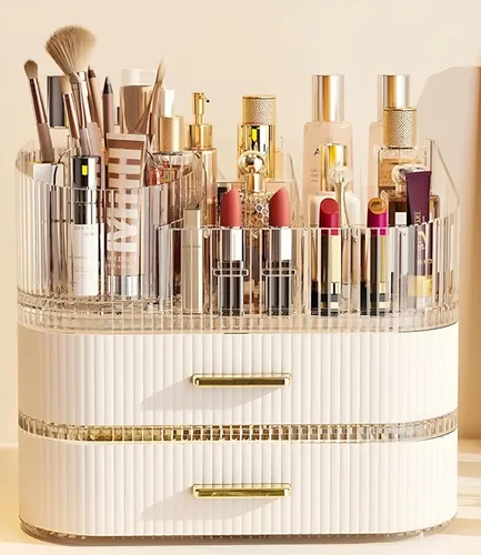 Miniatura 6 de Organizador de maquillaje SpaceLuxe con cajones y soporte giratorio de 360°, almacenamiento cosmético de gran capacidad para tocador, cuidado