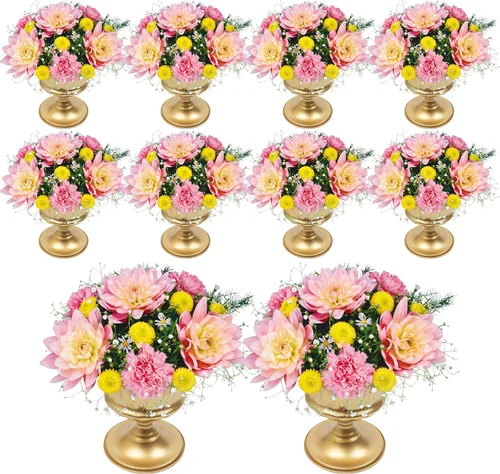 Miniatura 42 de Juego de 10 portavelas de metal dorado de 10.2 pulgadas de alto, florero, arreglo floral, candelabro, candelabro, portavelas para bodas, fiestas