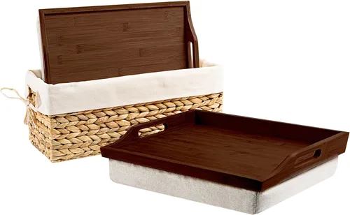 Miniatura 9 de ROSSIE HOME Bandeja de cama de madera de bambú, escritorio de regazo, juego de dos, con cesta de almacenamiento de jacinto, natural, para portátiles