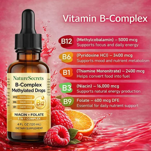 Miniatura 3 de NATURESECRETS B-Complex - Gotas metiladas, con B12 B6 B1, absorción sublingual, vitaminas B esenciales para energía y apoyo del sistema nervioso