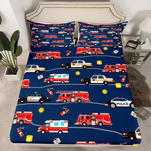 Miniatura 2 de Juego de sábanas para cama de coche de bomberos, juego de sábanas de coche de policía con bolsillo profundo, sábana bajera ajustable para decoración