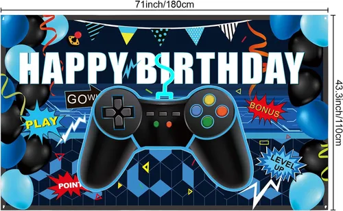 Miniatura 2 de Skylety 34 Piezas Decoraciones de Cumpleaños de Jugador Suministros de Fiesta de Videojuegos Incluyendo Telón de Fondo de Feliz Cumpleaños