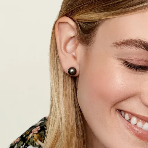 Miniatura 4 de The Pearl Source Tahitian Pearl Stud Earrings for Women, Genuine Cultured Black Pearls in 14K White and Yellow Gold, Hypoallergenic Jewelry